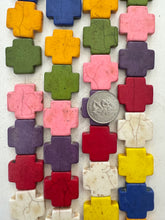 color enhanced magnesite: multi color, weathered look, 26x26x6mm cross rectangle, 15" strand, SOLD PER STRAND