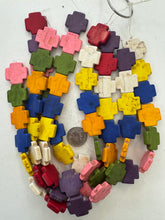 color enhanced magnesite: multi color, weathered look, 26x26x6mm cross rectangle, 15" strand, SOLD PER STRAND