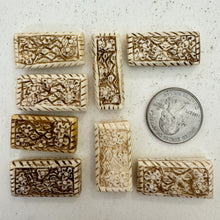 off white, hand carved hills and flowers motif, vintage stock chinese bone, 32x16x6mm rectangle,  SOLD PER BEAD