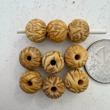 off white, hand carved owl motif, vintage stock chinese bone, 12x10mm rondelle,  SOLD PER BEAD