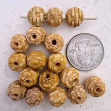 off white, hand carved horizontal woven pattern motif, vintage stock chinese bone, 12x10mm rondelle,  SOLD PER BEAD