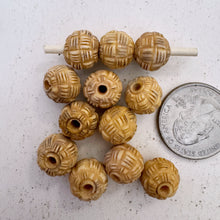 off white, hand carved fine lines woven pattern motif, vintage stock chinese bone, 12x10mm rondelle,  SOLD PER BEAD