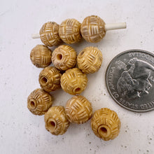 off white, hand carved fine lines woven pattern motif, vintage stock chinese bone, 12x10mm rondelle,  SOLD PER BEAD