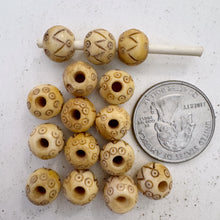 off white, hand carved lines circles motif, vintage stock chinese bone, 10x8mm rondelle,  SOLD PER BEAD