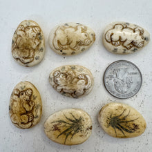 off white, hand carved painted animal flower motif, vintage stock chinese bone, 28x20x8mm teardrop, SOLD PER BEAD