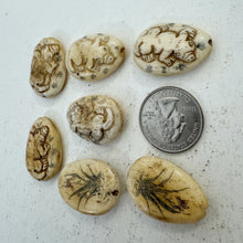off white, hand carved painted animal flower motif, vintage stock chinese bone, 28x20x8mm teardrop, SOLD PER BEAD