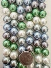 white gray pale blue pale green mix, vintage stock coated shell pearls, 14mm round, 16" strand, SOLD PER STRAND