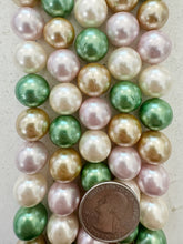 white dark pale green rose dark golden mix, vintage stock coated shell pearls, 14mm round, 16" strand, SOLD PER STRAND
