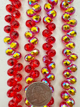 electric red, AB coating, glass, 10x8x8mm fancy cut faceted teardrop briollete pendant, 11" strand, sold per strand