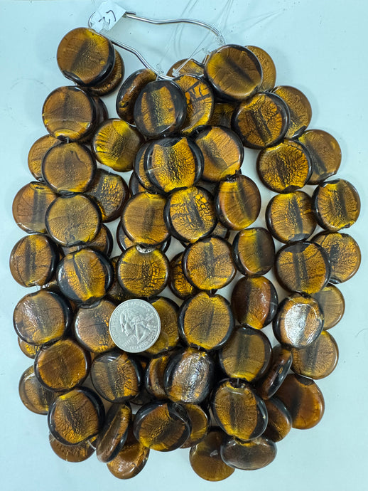 dark golden root beer brown foil glass beads, 27mm coin, 15