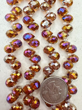 dark orange, silver purple AB coating, glass, 10x8x8mm fancy cut faceted teardrop briollete pendant, 13" strand, sold per strand