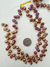 dark orange, silver purple AB coating, glass, 10x8x8mm fancy cut faceted teardrop briollete pendant, 13" strand, sold per strand