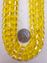 bright yellow, AB coating, glass, 8mm fancy cut faceted barrel, 13" strand, sold per strand