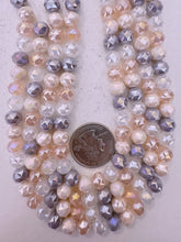 pastel purple pink mix, white pearly ab coated, glass, 8x7mm fancy cut faceted rondelle, 15" strand, sold per strand
