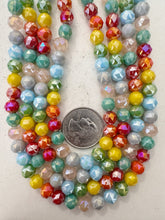 rainbow mix, white pearly ab coated, glass, 8x7mm fancy cut faceted rondelle, 14" strand, sold per strand