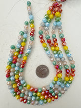 rainbow mix, white pearly ab coated, glass, 8x7mm fancy cut faceted rondelle, 14" strand, sold per strand