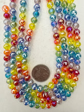 rainbow mix, white ab coated, glass, 8mm fancy cut faceted round, 14" strand, sold per strand