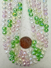 pink green yellow clear mix, white ab coated, glass, 8x7mm fancy cut faceted rondelle, 14" strand, sold per strand