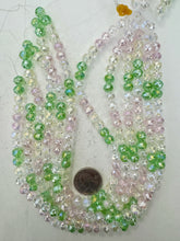 pink green yellow clear mix, white ab coated, glass, 8x7mm fancy cut faceted rondelle, 14" strand, sold per strand