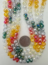 green red yellow clear mix, silver white ab coated, glass, 8x7mm fancy cut faceted rondelle, 14" strand, sold per strand