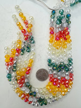 green red yellow clear mix, silver white ab coated, glass, 8x7mm fancy cut faceted rondelle, 14" strand, sold per strand