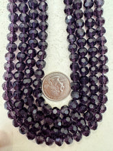 dark purple, glass, 8mm fancy cut faceted round, 15" strand, sold per strand