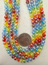 rainbow mix, white ab coated, glass, 6mm fancy cut faceted round, 14.5" strand, sold per strand
