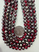 dark red, antique silver coated, glass, 8x7mm fancy cut faceted rondelle, 15" strand, sold per strand