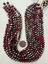 dark red, antique silver coated, glass, 8x7mm fancy cut faceted rondelle, 15" strand, sold per strand