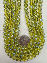 dark lime green, blue ab coated, glass, 8x7mm fancy cut faceted rondelle, 15" strand, sold per strand