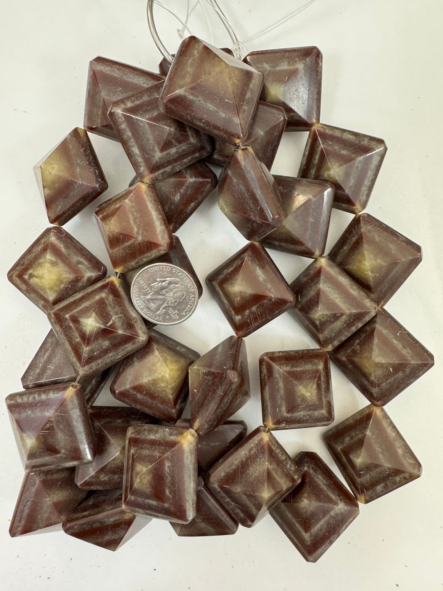 chocolate brown golden stripe motif, vintage look resin, 37x37x24mm faceted bump diamond, 15