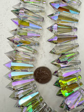 gray, blue purple green ab coated, glass, 38x13mm fancy cut faceted crystal point pendant, 12" strand, sold per strand
