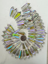 gray, blue purple green ab coated, glass, 38x13mm fancy cut faceted crystal point pendant, 12" strand, sold per strand