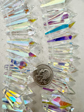 clear, ab coated, glass, 38x13mm fancy cut faceted crystal point pendant, 12" strand, sold per strand