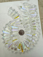 clear,  subtle ab coated, glass, 38x13mm fancy cut faceted crystal point pendant, 12" strand, sold per strand