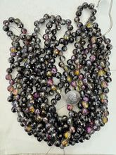 gray yellow purple, dark gunmetal coated, glass, 9mm fancy cut faceted side drilled round, 32" strand, sold per strand