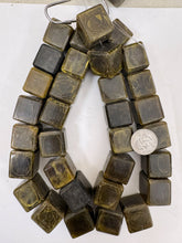 dark olive green crackle motif, vintage look resin, 23mm cube, 15" strand, sold per strand