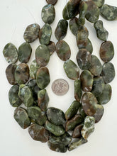 brown green serpentine, surface wear, 30x20x6mm wavy oval, 15" strand,  SOLD PER STRAND