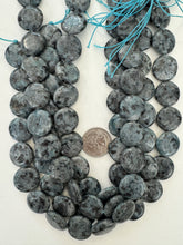 color enhanced black labradorite: pale blue green, 20x20x6mm coin , 15" strand,  SOLD PER STRAND