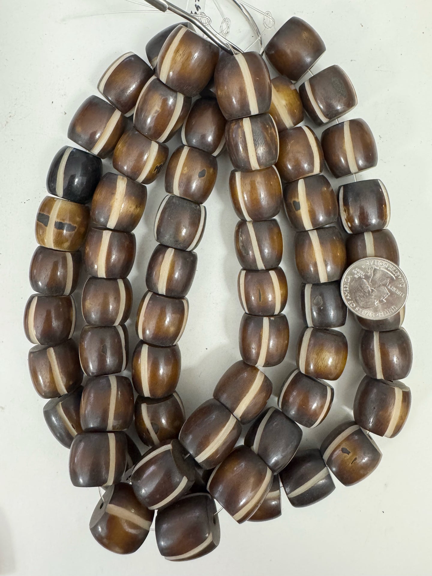 brown off white stripes, faux bone motif, vintage look resin, 21x20mm barrel, 15