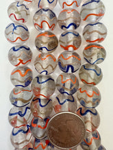 clear red blue copper, swirl motif, vintage stock glass, 16mm round, 6" strand, SOLD PER STRAND