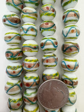 white green blue copper red yellow, swirl motif, vintage stock glass, 14mm round, 6" strand, SOLD PER STRAND