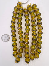 yellow green copper red, dot swirl motif, vintage stock glass, 15mm round, 6" strand, SOLD PER STRAND