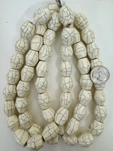 off white pale dark blue crackle, vintage look resin, 21x17mm bicone barrel, 15" strand, sold per strand