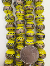 yellow copper black white, dot swirl motif, vintage stock glass, 13mm round, 6" strand, SOLD PER STRAND