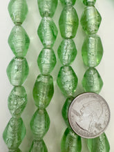 light green silver, inside lined motif, vintage stock glass, 18x13mm bicone tube mix, 6" strand, SOLD PER STRAND