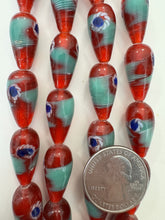 red orange blue white, swirl dot motif, vintage stock glass, 23x12mm teardrop, 6" strand, SOLD PER STRAND