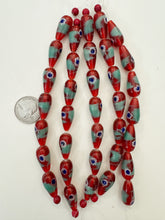 red orange blue white, swirl dot motif, vintage stock glass, 23x12mm teardrop, 6" strand, SOLD PER STRAND