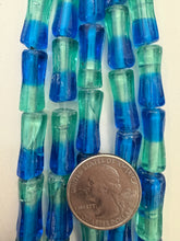 blue green, two tone motif, vintage stock glass, 22x9mm dent tube, 6" strand, SOLD PER STRAND