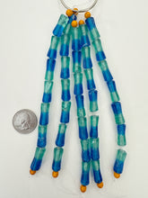 blue green, two tone motif, vintage stock glass, 22x9mm dent tube, 6" strand, SOLD PER STRAND